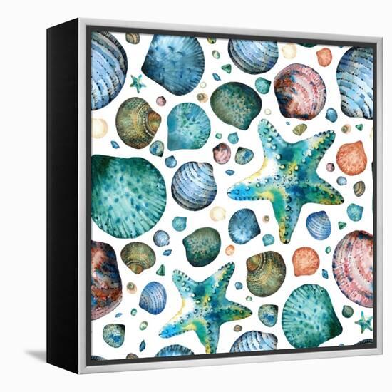 Vector Seamless Pattern Painted in Watercolor with Seashells and Starfish on a White Background.-Maria Tishchenko-Framed Premier Image Canvas