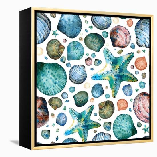 Vector Seamless Pattern Painted in Watercolor with Seashells and Starfish on a White Background.-Maria Tishchenko-Framed Premier Image Canvas