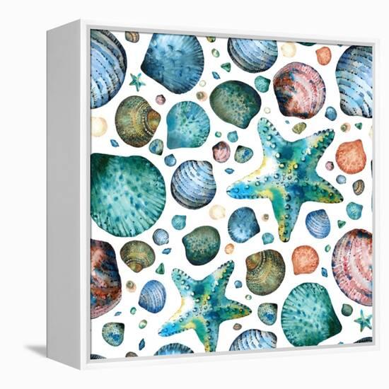 Vector Seamless Pattern Painted in Watercolor with Seashells and Starfish on a White Background.-Maria Tishchenko-Framed Premier Image Canvas