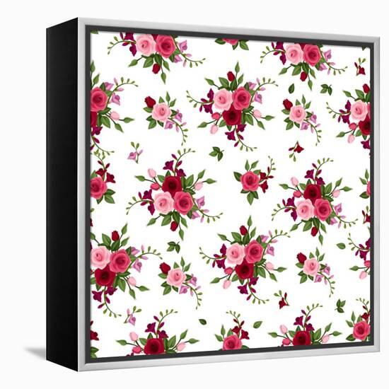 Vector Seamless Pattern Roses and Freesia.-Naddiya-Framed Stretched Canvas