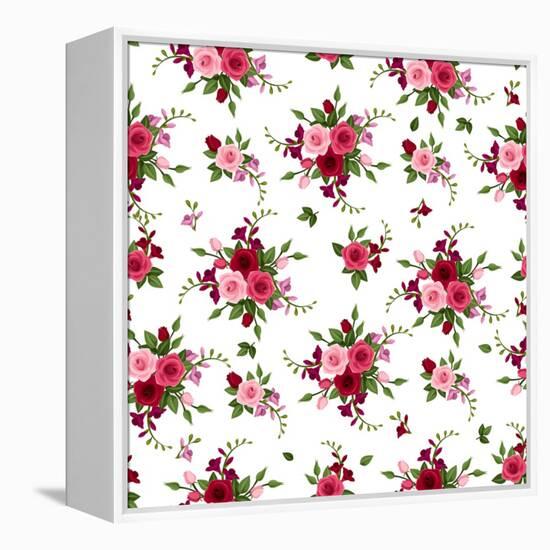 Vector Seamless Pattern Roses and Freesia.-Naddiya-Framed Stretched Canvas