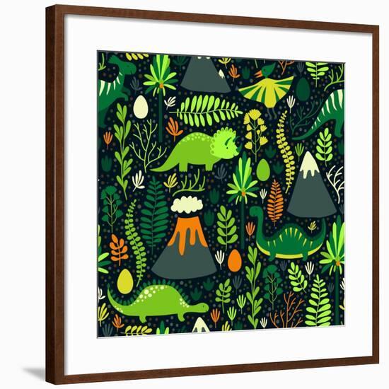 Vector Seamless Pattern with Different Dinosaurs, Floral Elements and Mountains. Cute Hand Drawing-Beskova Ekaterina-Framed Premium Giclee Print