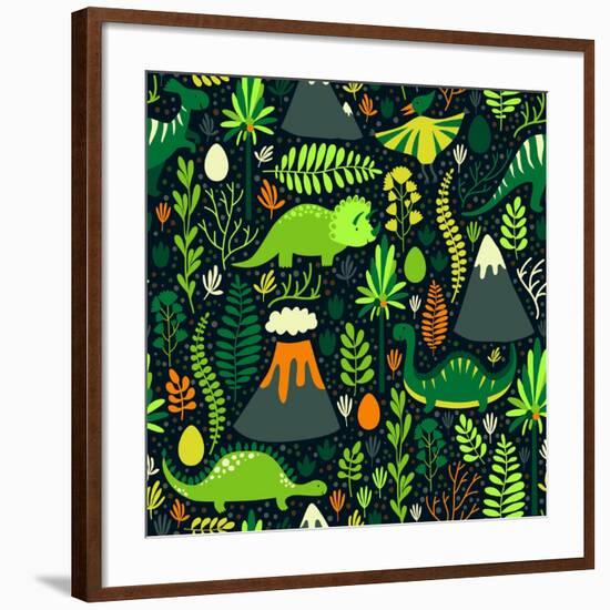 Vector Seamless Pattern with Different Dinosaurs, Floral Elements and Mountains. Cute Hand Drawing-Beskova Ekaterina-Framed Premium Giclee Print