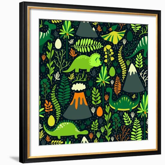 Vector Seamless Pattern with Different Dinosaurs, Floral Elements and Mountains. Cute Hand Drawing-Beskova Ekaterina-Framed Premium Giclee Print