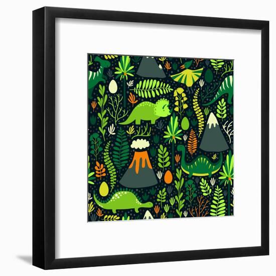 Vector Seamless Pattern with Different Dinosaurs, Floral Elements and Mountains. Cute Hand Drawing-Beskova Ekaterina-Framed Art Print