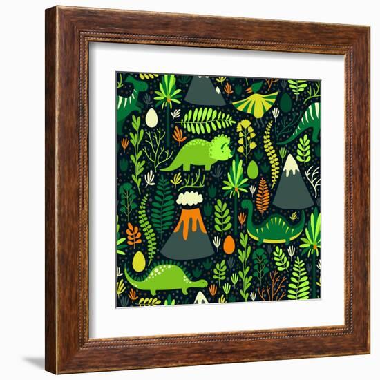 Vector Seamless Pattern with Different Dinosaurs, Floral Elements and Mountains. Cute Hand Drawing-Beskova Ekaterina-Framed Art Print