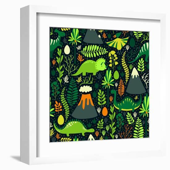 Vector Seamless Pattern with Different Dinosaurs, Floral Elements and Mountains. Cute Hand Drawing-Beskova Ekaterina-Framed Art Print