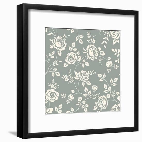 Vector Seamless Pattern with Flowers. Vintage Background with Blooming Roses. Floral Wallpaper. Whi-Gizele-Framed Art Print