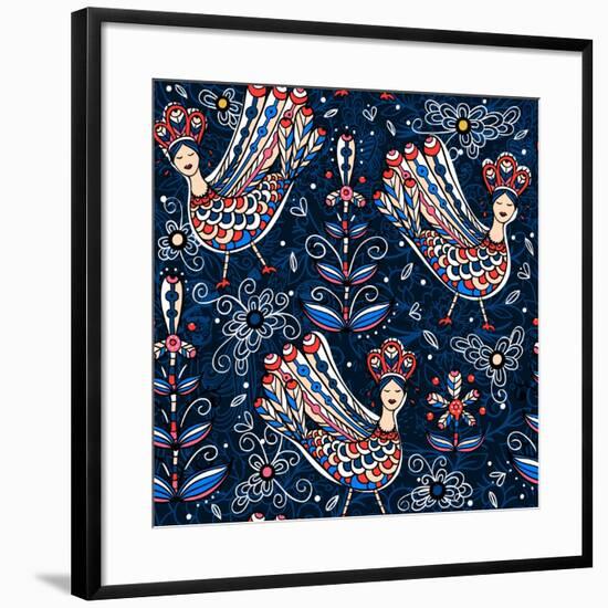 Vector Seamless Pattern with Folk Birds and Flowers-Anna Paff-Framed Art Print