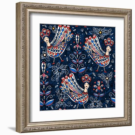 Vector Seamless Pattern with Folk Birds and Flowers-Anna Paff-Framed Art Print