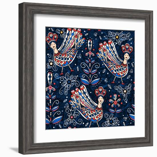Vector Seamless Pattern with Folk Birds and Flowers-Anna Paff-Framed Art Print