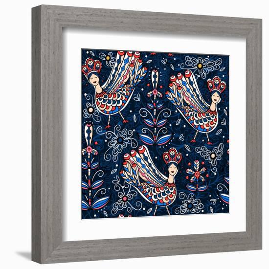 Vector Seamless Pattern with Folk Birds and Flowers-Anna Paff-Framed Art Print