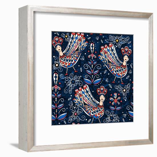 Vector Seamless Pattern with Folk Birds and Flowers-Anna Paff-Framed Art Print