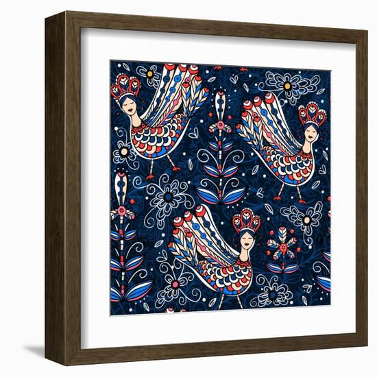 Vector Seamless Pattern with Folk Birds and Flowers-Anna Paff-Framed Art Print