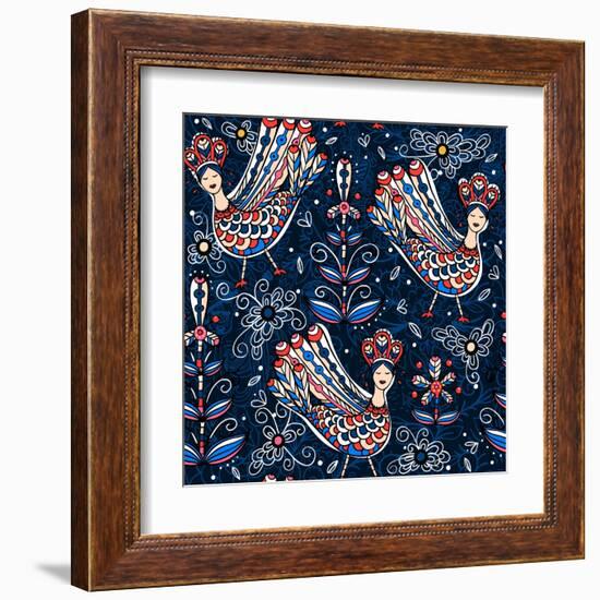 Vector Seamless Pattern with Folk Birds and Flowers-Anna Paff-Framed Art Print