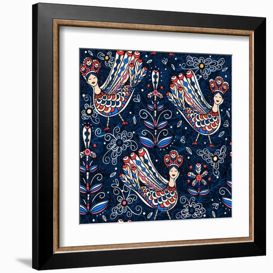 Vector Seamless Pattern with Folk Birds and Flowers-Anna Paff-Framed Art Print