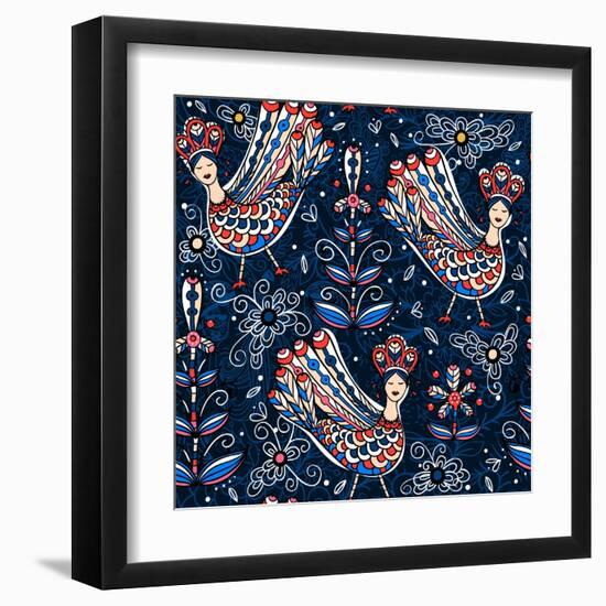 Vector Seamless Pattern with Folk Birds and Flowers-Anna Paff-Framed Art Print