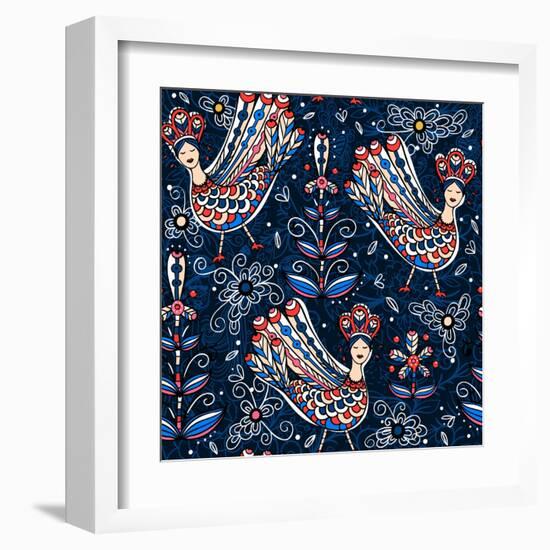 Vector Seamless Pattern with Folk Birds and Flowers-Anna Paff-Framed Art Print