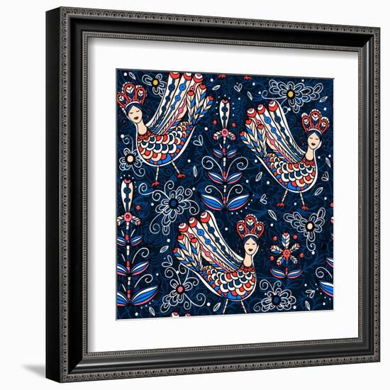 Vector Seamless Pattern with Folk Birds and Flowers-Anna Paff-Framed Art Print