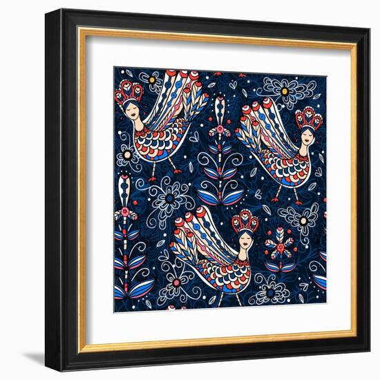 Vector Seamless Pattern with Folk Birds and Flowers-Anna Paff-Framed Art Print