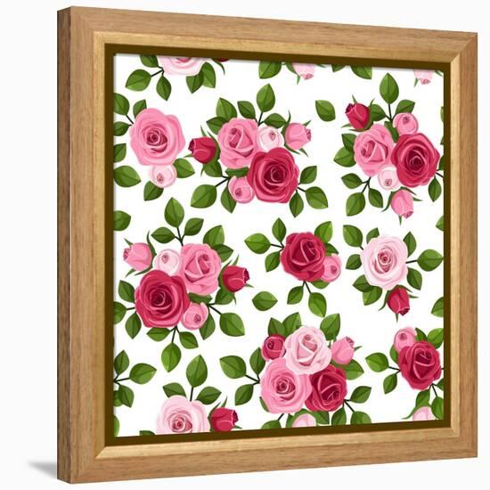 Vector Seamless Pattern with Red and Pink Roses on White.-Naddiya-Framed Stretched Canvas