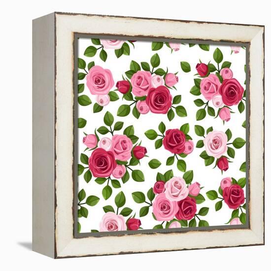 Vector Seamless Pattern with Red and Pink Roses on White.-Naddiya-Framed Stretched Canvas