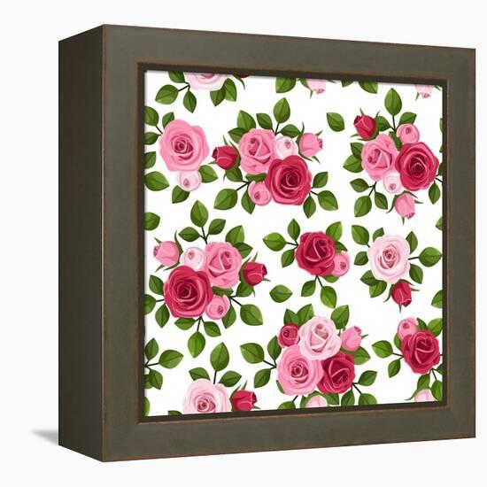 Vector Seamless Pattern with Red and Pink Roses on White.-Naddiya-Framed Stretched Canvas