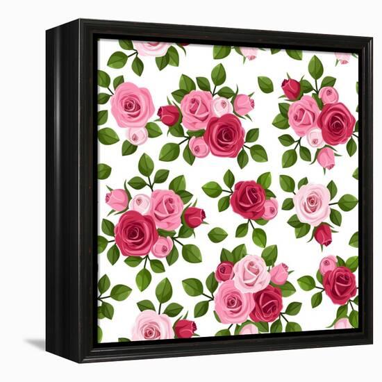 Vector Seamless Pattern with Red and Pink Roses on White.-Naddiya-Framed Stretched Canvas