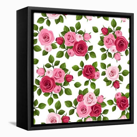 Vector Seamless Pattern with Red and Pink Roses on White.-Naddiya-Framed Stretched Canvas