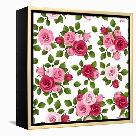 Vector Seamless Pattern with Red and Pink Roses on White.-Naddiya-Framed Stretched Canvas