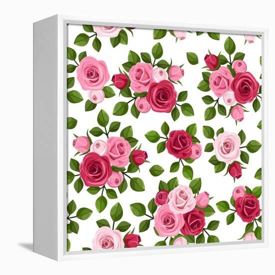 Vector Seamless Pattern with Red and Pink Roses on White.-Naddiya-Framed Stretched Canvas
