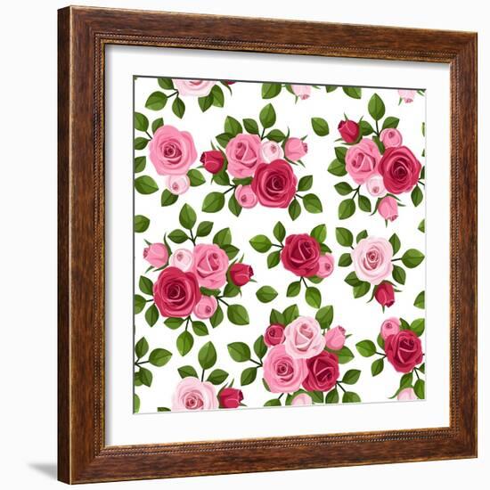 Vector Seamless Pattern with Red and Pink Roses on White.-Naddiya-Framed Art Print