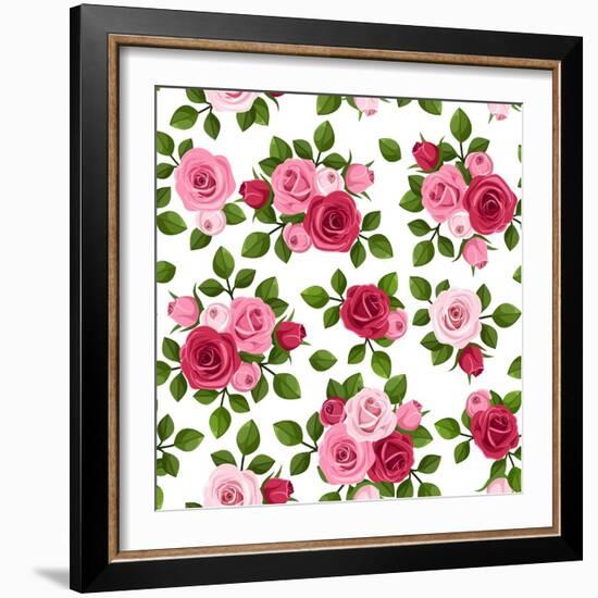 Vector Seamless Pattern with Red and Pink Roses on White.-Naddiya-Framed Art Print