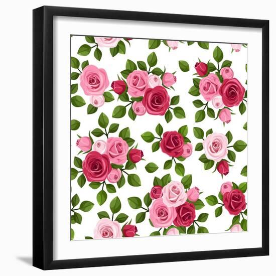 Vector Seamless Pattern with Red and Pink Roses on White.-Naddiya-Framed Art Print