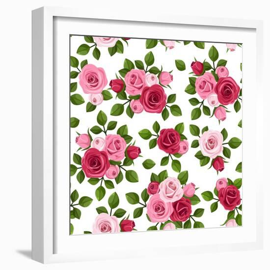 Vector Seamless Pattern with Red and Pink Roses on White.-Naddiya-Framed Art Print