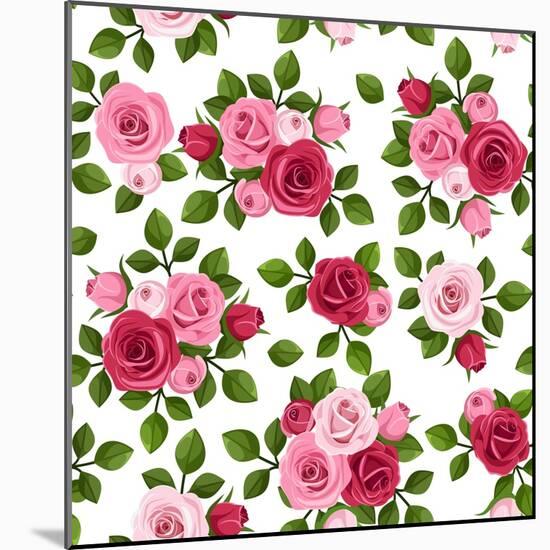 Vector Seamless Pattern with Red and Pink Roses on White.-Naddiya-Mounted Art Print