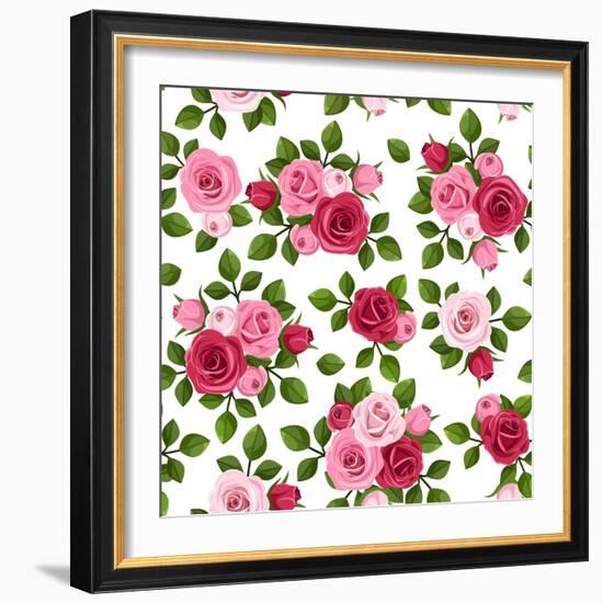 Vector Seamless Pattern with Red and Pink Roses on White.-Naddiya-Framed Art Print