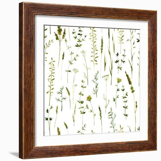 Vector Seamless Pattern with Silhouettes of Flowers and Grass, Drawing by Watercolor, Hand Drawn Fl-cat_arch_angel-Framed Art Print