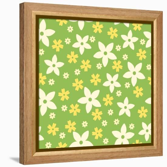 Vector Seamless Pattern with White and Yellow Flowers on Green.-Naddiya-Framed Stretched Canvas