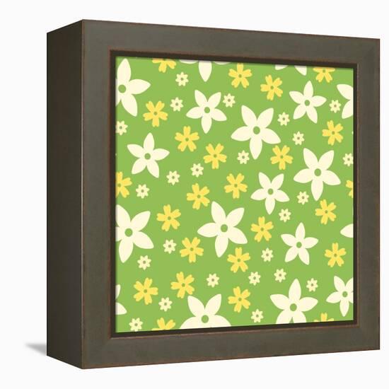 Vector Seamless Pattern with White and Yellow Flowers on Green.-Naddiya-Framed Stretched Canvas