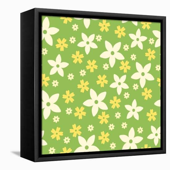 Vector Seamless Pattern with White and Yellow Flowers on Green.-Naddiya-Framed Stretched Canvas