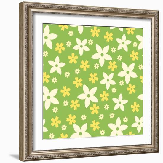 Vector Seamless Pattern with White and Yellow Flowers on Green.-Naddiya-Framed Art Print