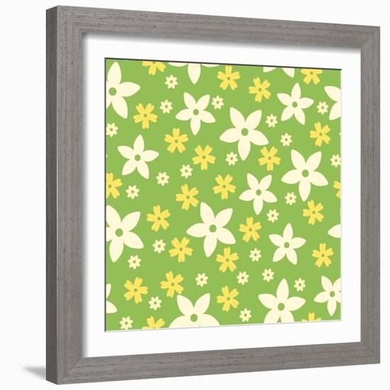 Vector Seamless Pattern with White and Yellow Flowers on Green.-Naddiya-Framed Art Print