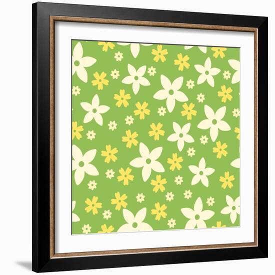 Vector Seamless Pattern with White and Yellow Flowers on Green.-Naddiya-Framed Art Print