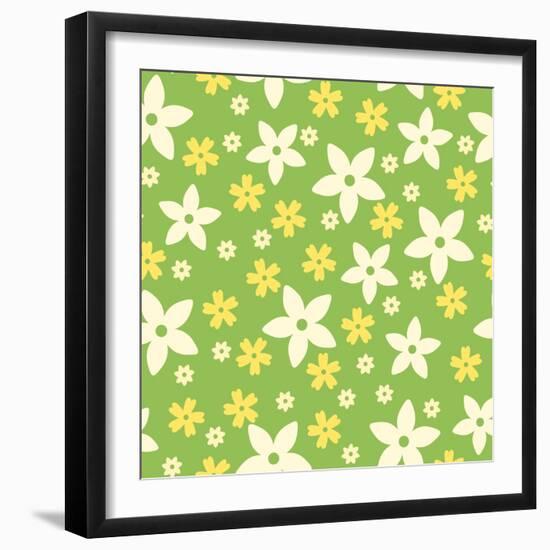 Vector Seamless Pattern with White and Yellow Flowers on Green.-Naddiya-Framed Art Print