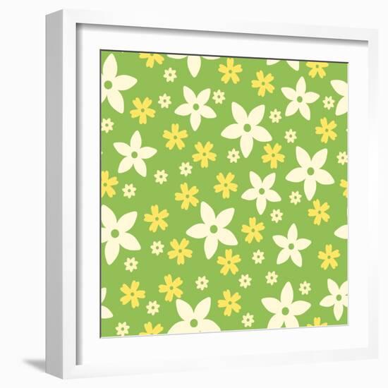 Vector Seamless Pattern with White and Yellow Flowers on Green.-Naddiya-Framed Art Print