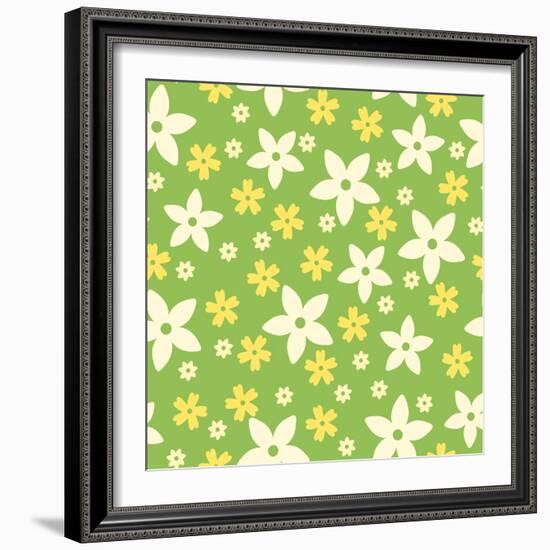 Vector Seamless Pattern with White and Yellow Flowers on Green.-Naddiya-Framed Art Print