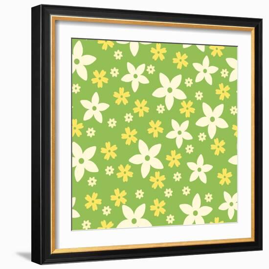 Vector Seamless Pattern with White and Yellow Flowers on Green.-Naddiya-Framed Art Print