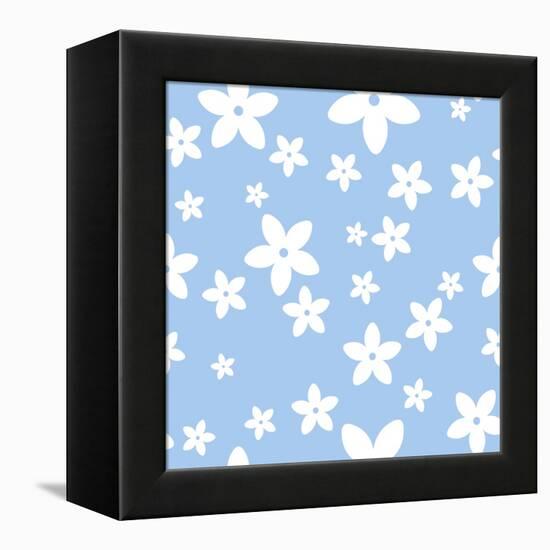 Vector Seamless Pattern with White Flowers on a Blue Background.-Naddiya-Framed Stretched Canvas