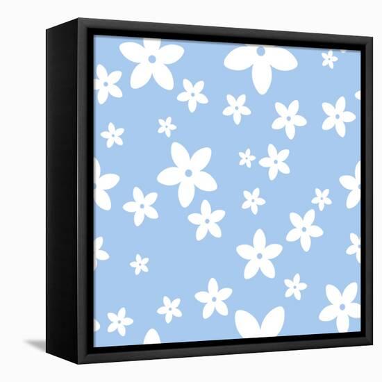 Vector Seamless Pattern with White Flowers on a Blue Background.-Naddiya-Framed Stretched Canvas